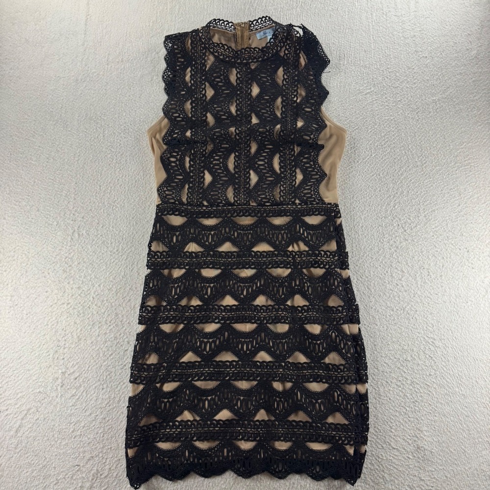 She + Sky Lace Sheath Dress Women S Black Tan Crochet High Neck Chic Elegant